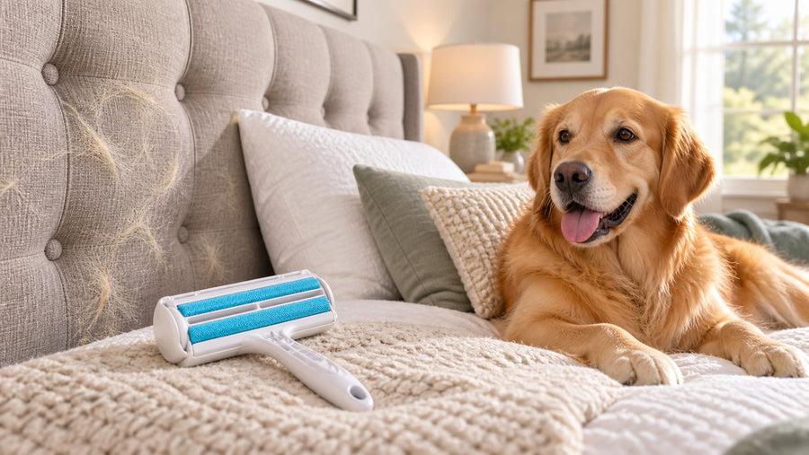 Upholstered headboard with pet hair and a reusable pet hair remover roller