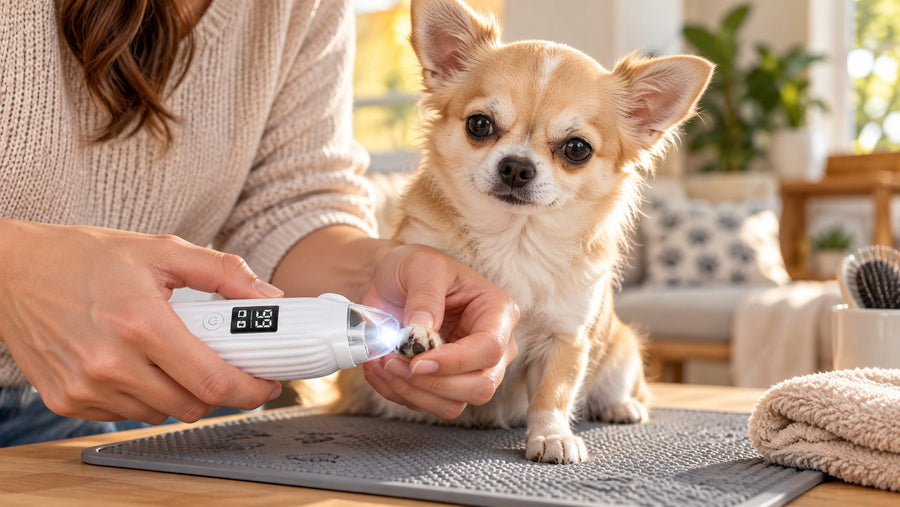 Small dog beside a FurFreeRide 2-in-1 LED pet nail grinder on a nonslip mat