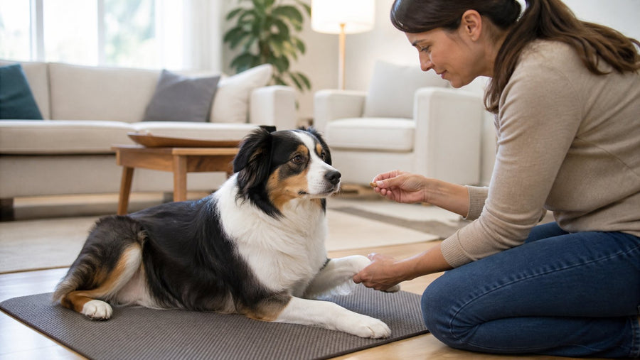 Owner rewarding a relaxed dog during gentle paw handling practice