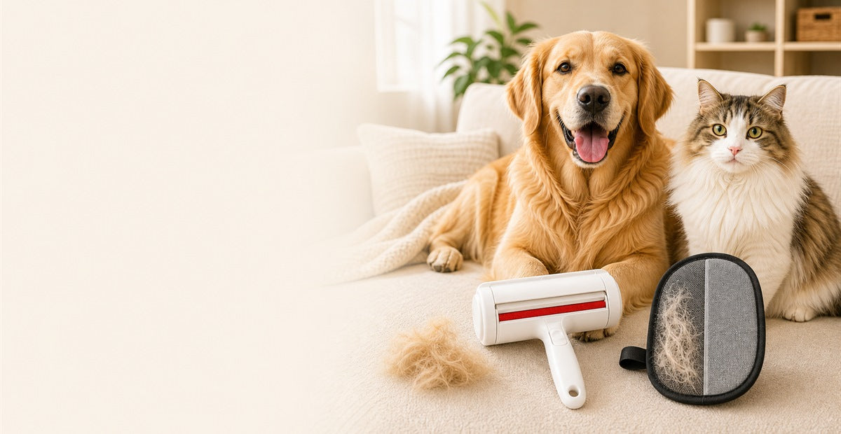 FurFreeRide pet cleanup tools with a dog and cat in a clean home