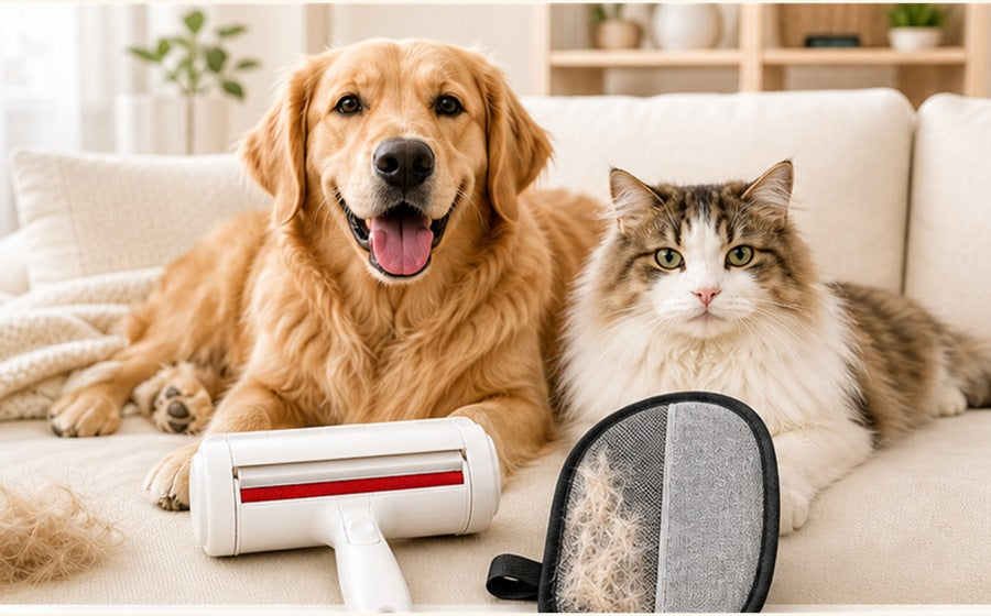 Dog and cat with reusable pet hair cleanup tools