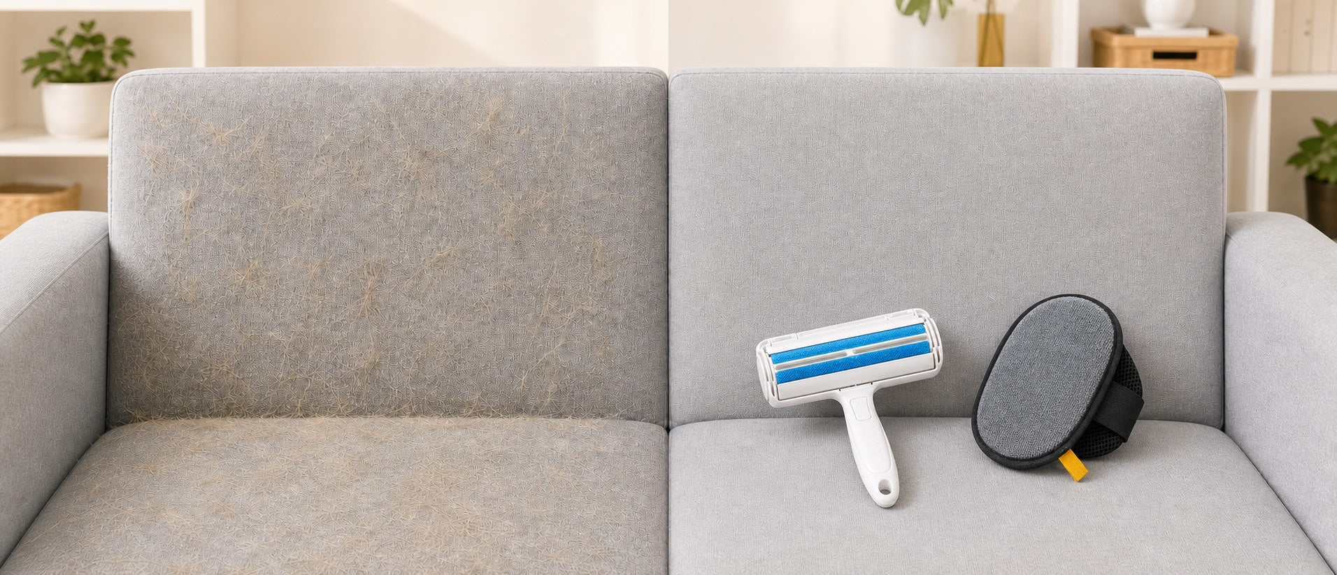 Before and after sofa cleanup with the blue roller and oval mitten glove complete cleanup kit