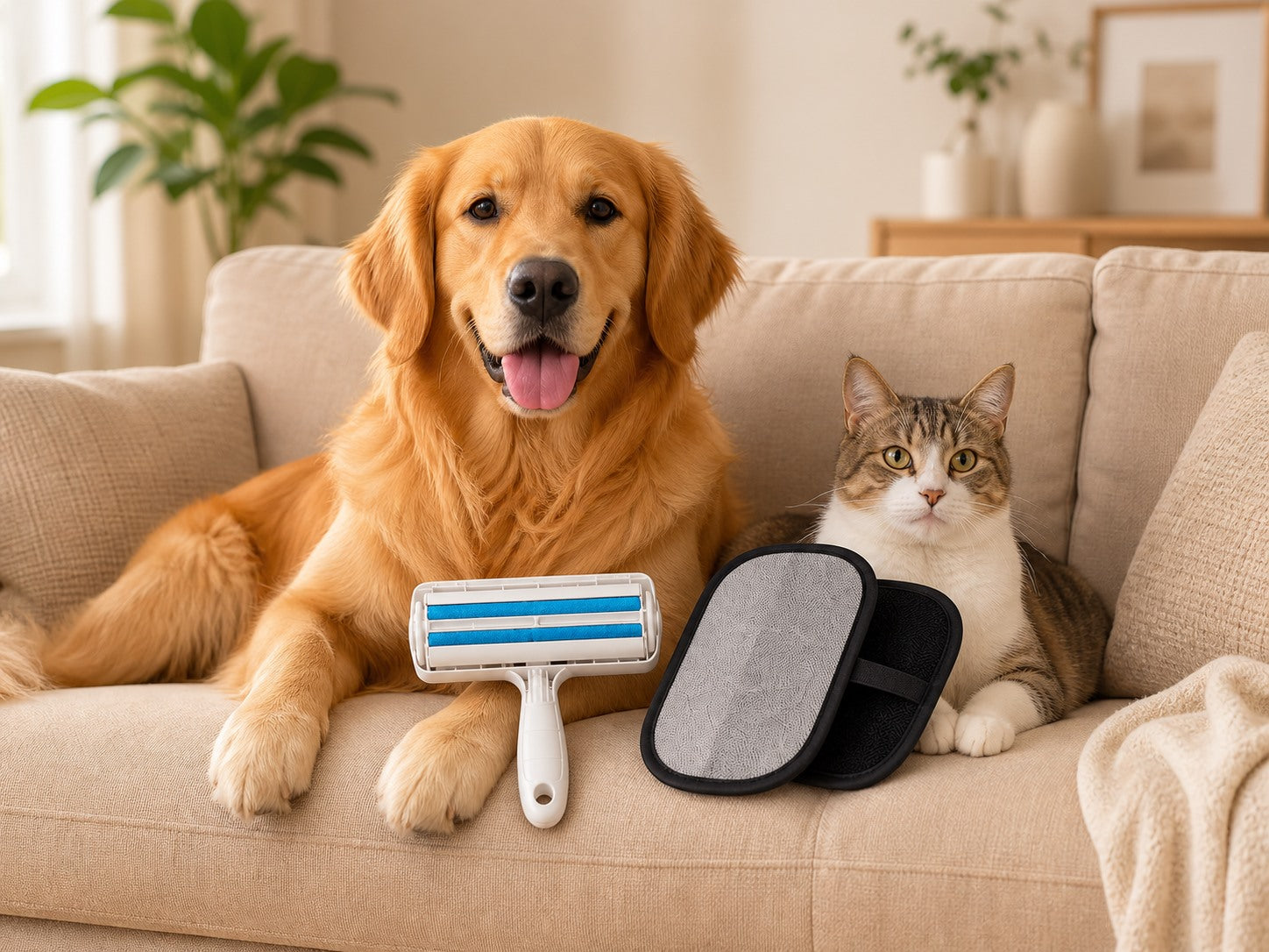 Dog and cat with the roller and glove cleanup kit