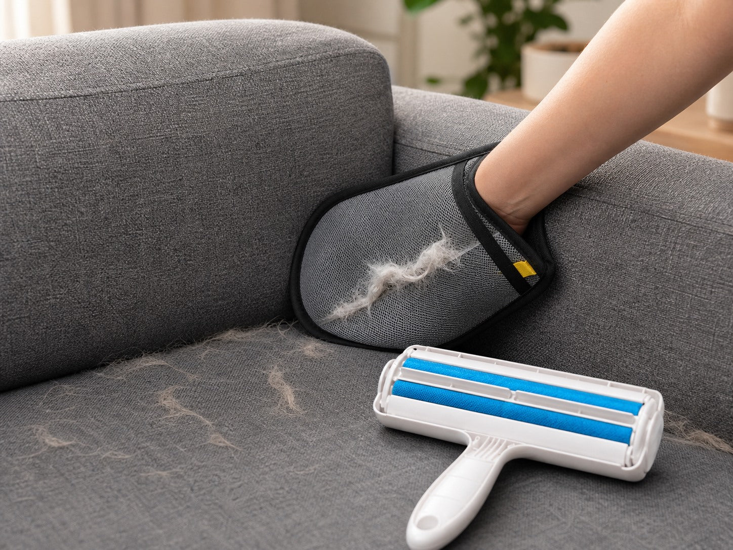 Glove cleaning tight sofa corners with roller nearby