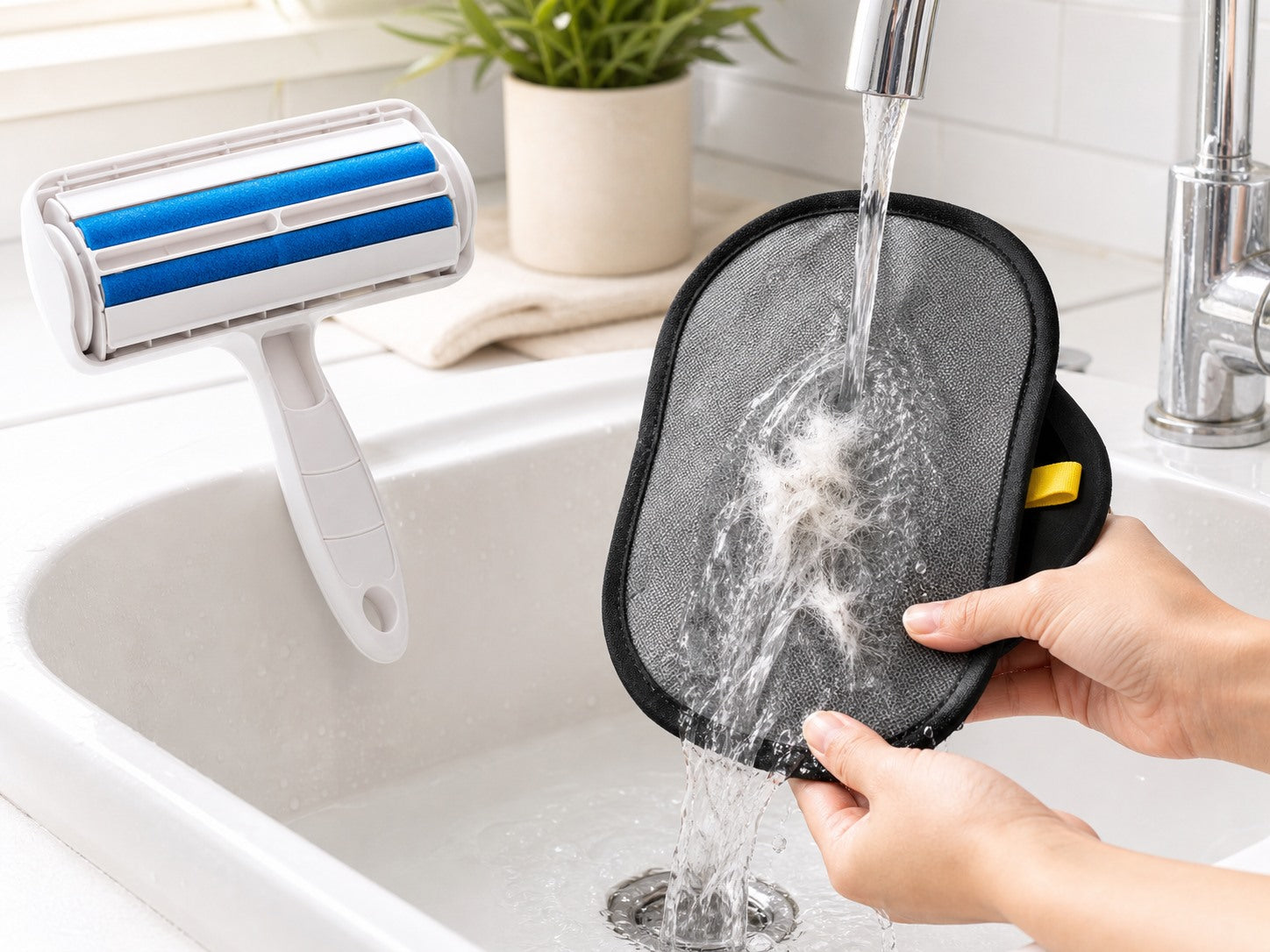 Washable glove rinsed clean with reusable roller nearby