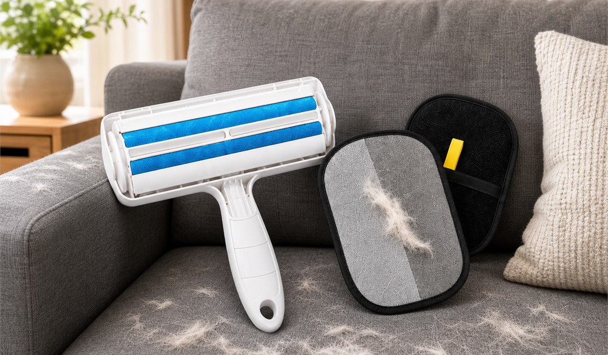 Blue roller and gray mitten glove complete cleanup kit