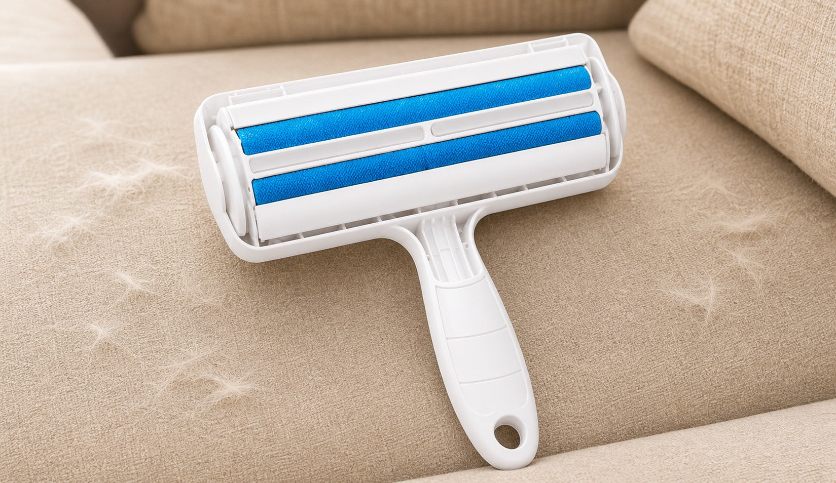 Blue reusable pet hair roller for large fabric surfaces