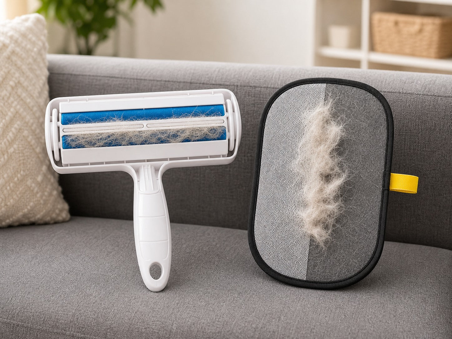 Roller and glove showing gathered pet hair after cleanup