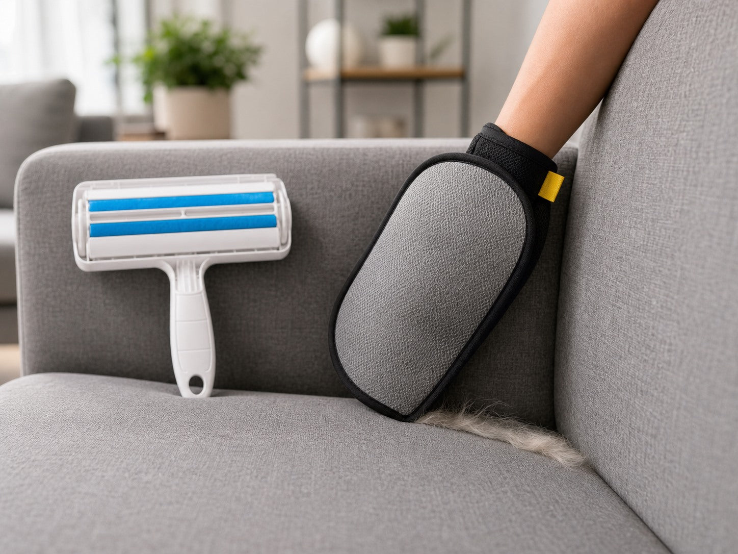 Glove cleaning tight sofa seams with roller nearby