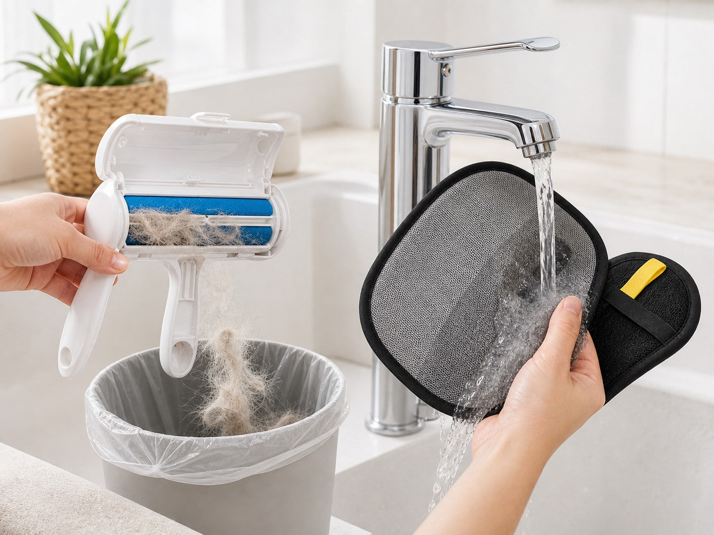 Rinsing the glove and emptying the reusable roller