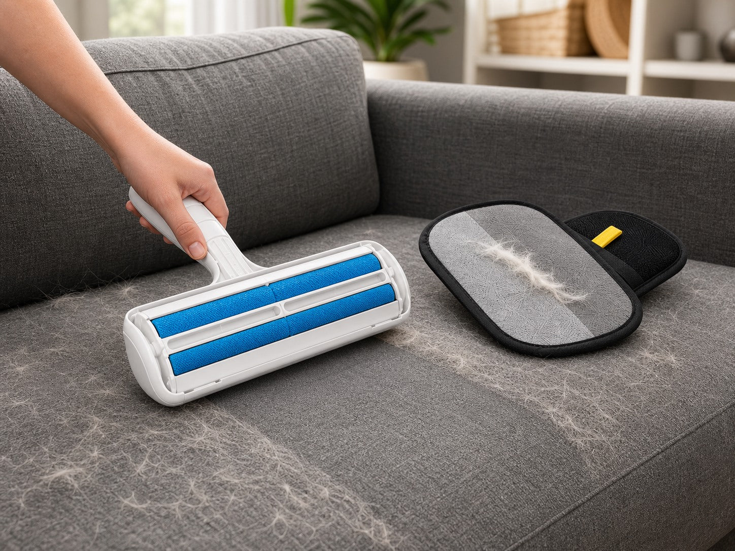 Roller cleaning a large sofa surface with glove nearby