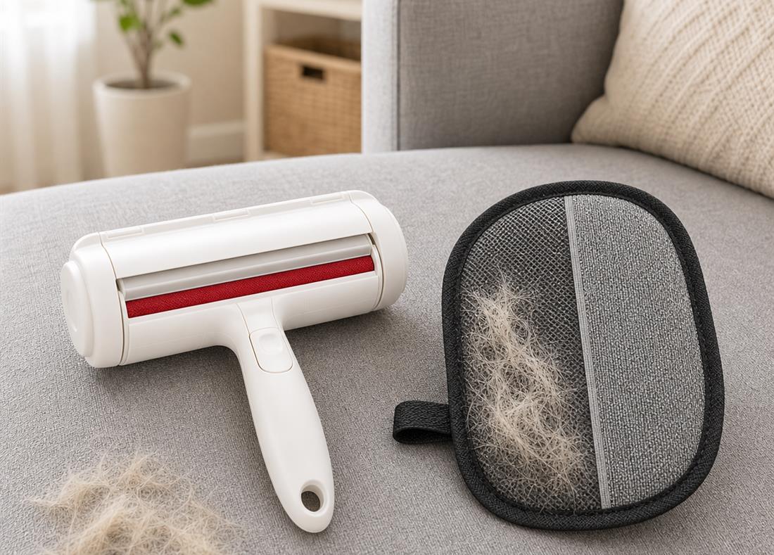 FurFreeRide reusable roller and glove on couch