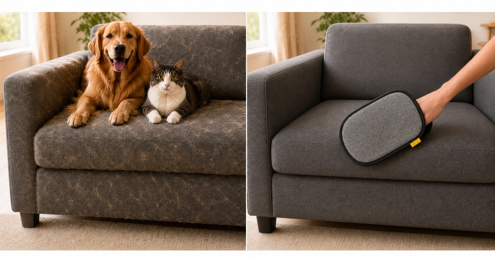 Before and after pet hair cleanup with a reusable pet hair remover glove