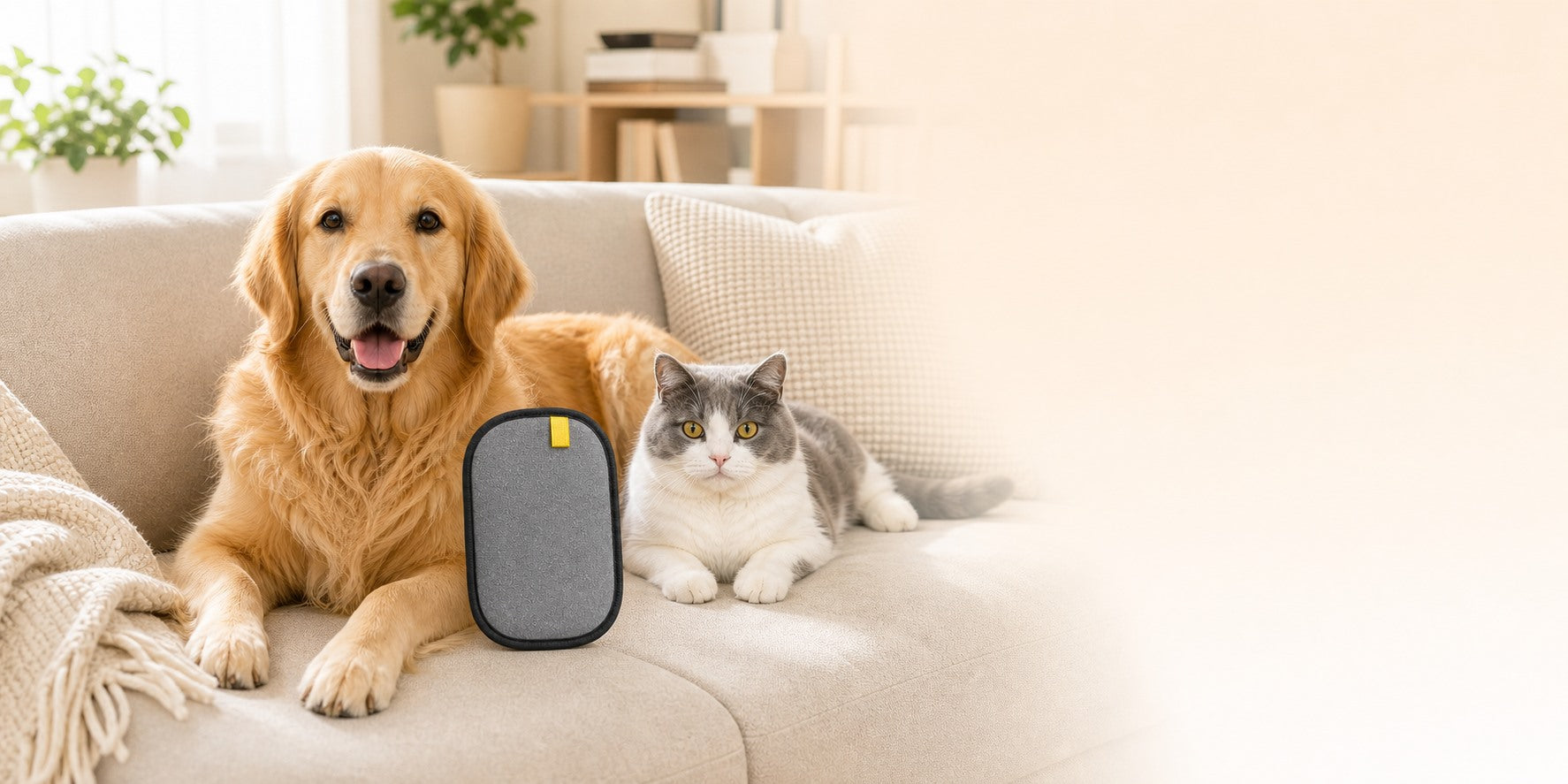 Golden retriever and cat with a reusable pet hair remover glove
