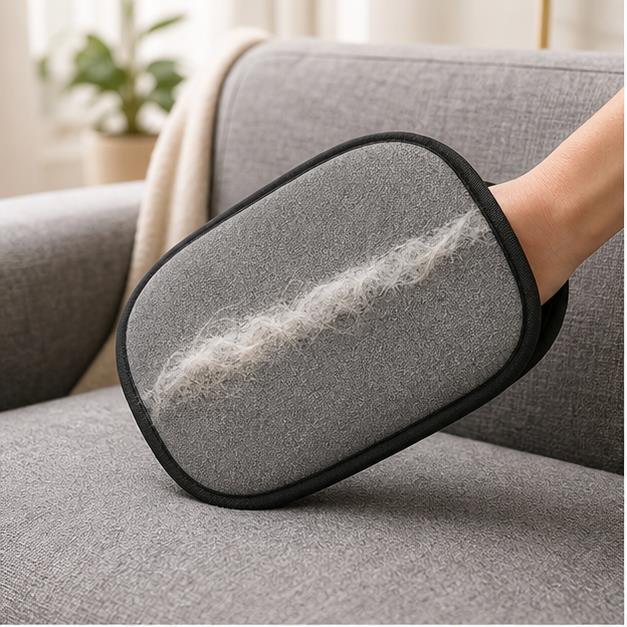 Reusable pet hair remover glove lifting hair from a sofa