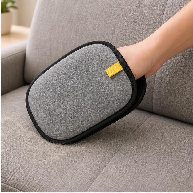 Swipe the pet hair remover glove across a sofa