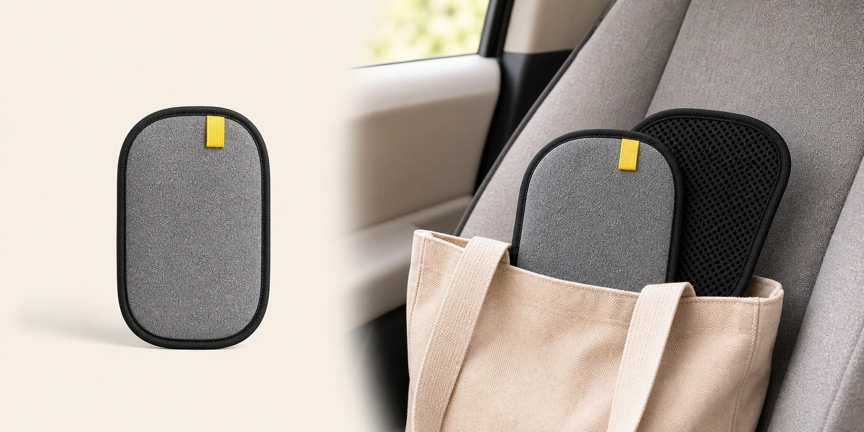 Reusable pet hair remover glove stored in a tote bag on a car seat