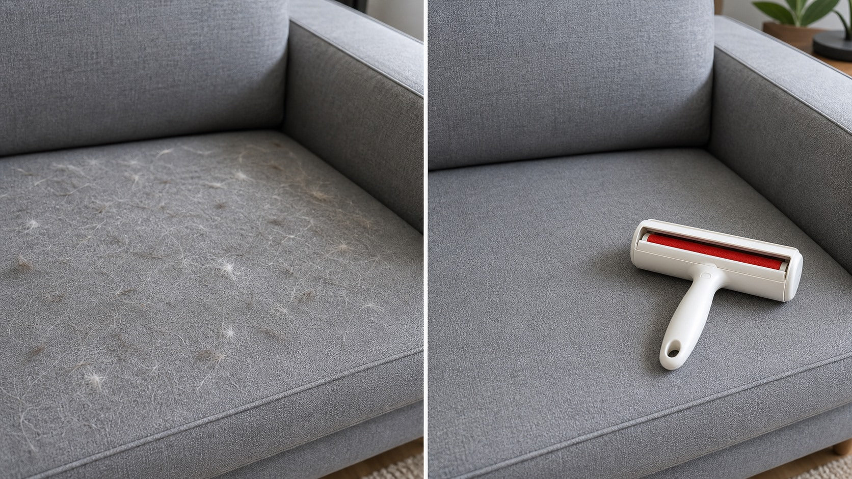 Before and after pet hair cleanup on a sofa