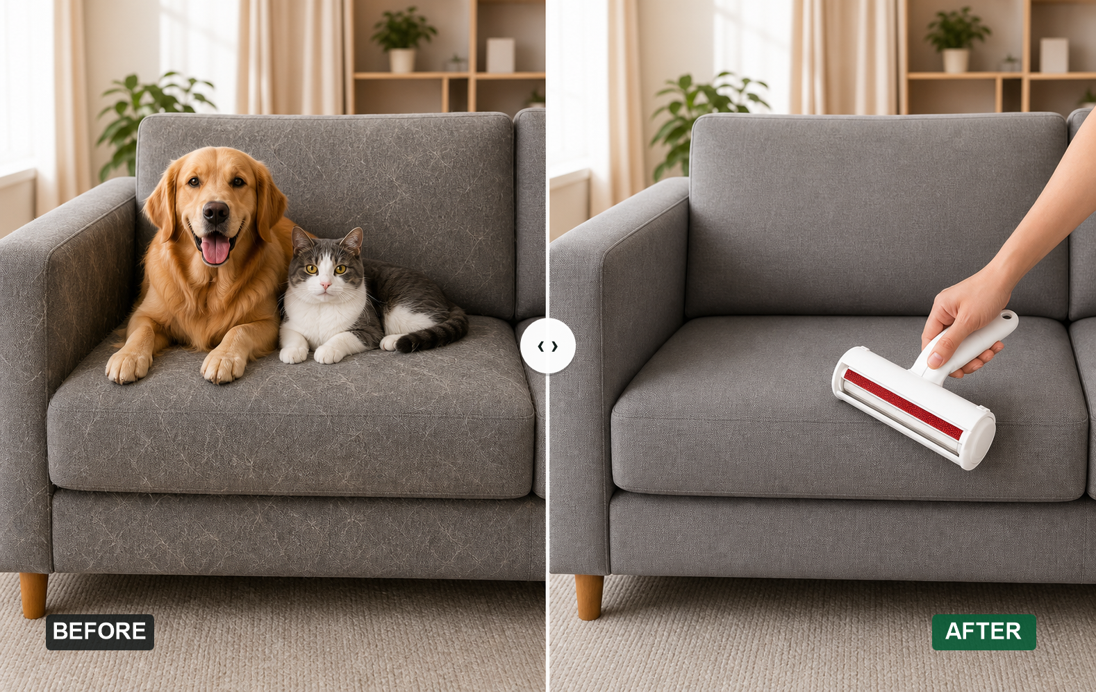 FurFreeRide realistic before and after pet hair cleanup on couch