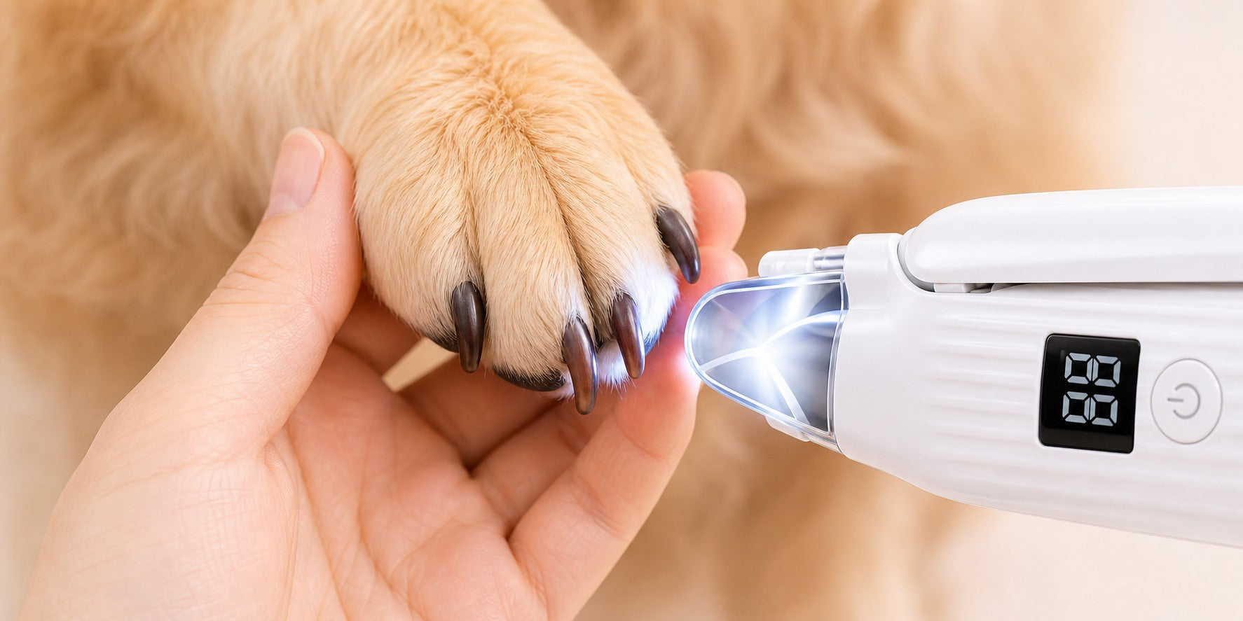 LED pet nail grinder safely smoothing a dog's nail