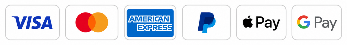 Accepted payments: Visa, Mastercard, American Express, PayPal, Apple Pay, Google Pay
