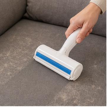 Reusable pet hair roller on fabric