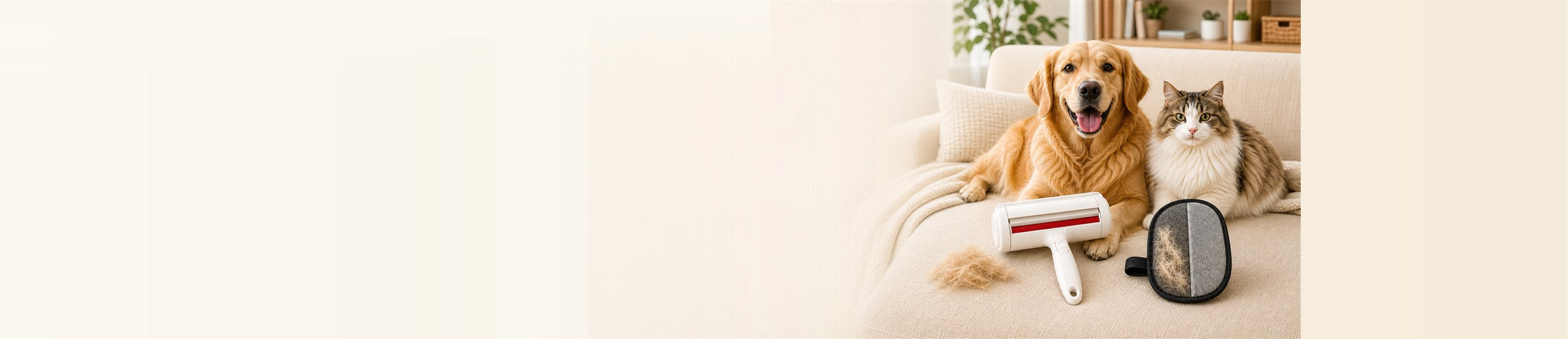 FurFreeRide pet hair cleanup tools with pets on a sofa